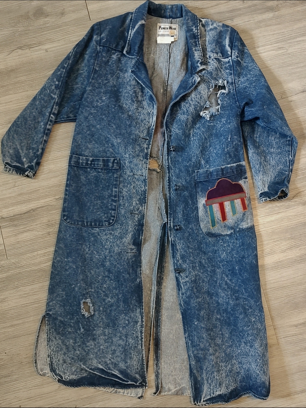 PIONEER WEAR Vintage Denim Trench Coat with Leather Thunderbird SZ 8